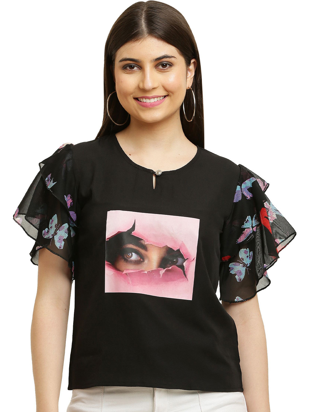 Sash Women Graphic Printed Keyhole Neck Crepe Top