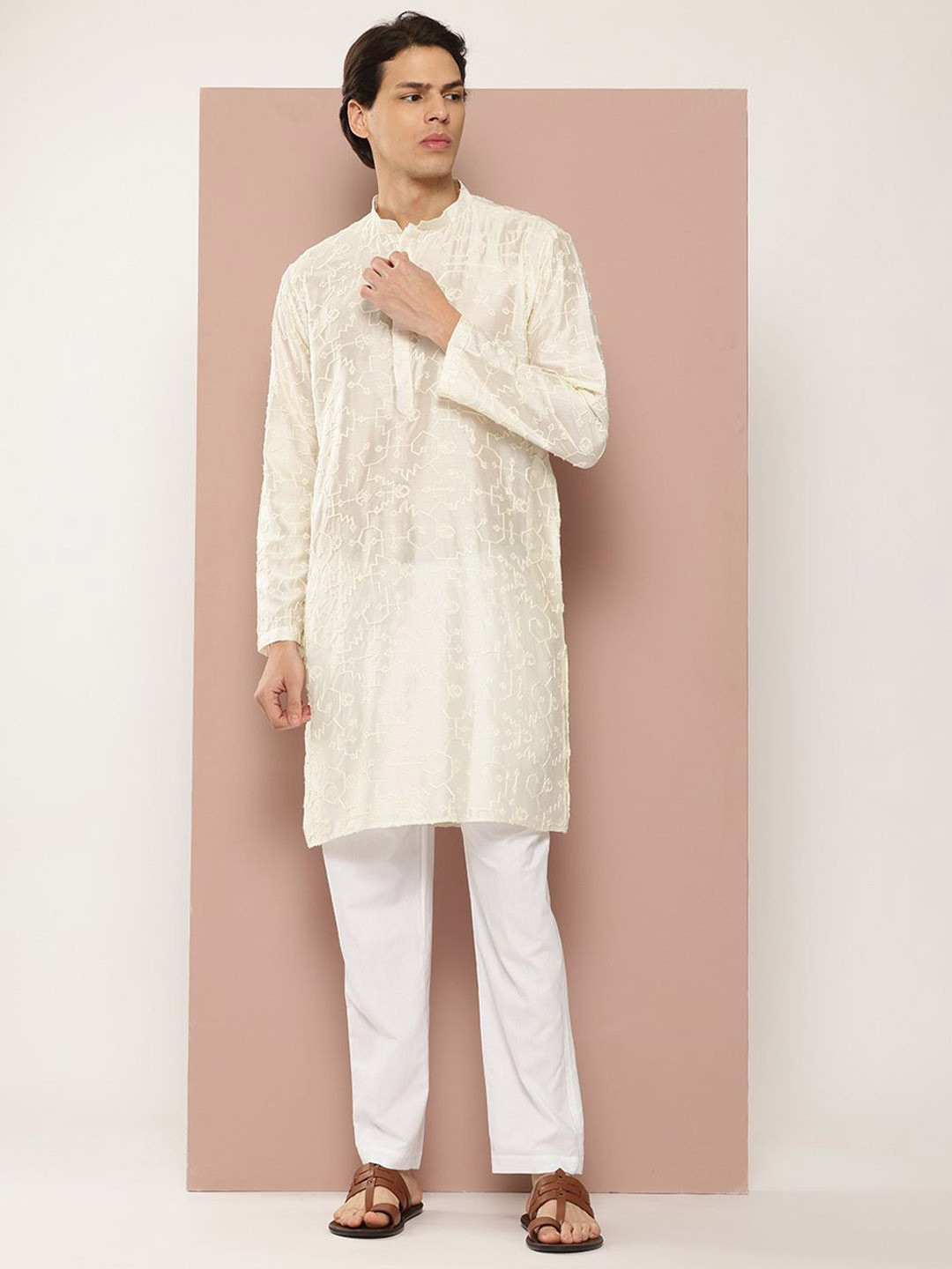 See Designs Woven Design Mandarin Collar Chanderi Silk Straight Kurta