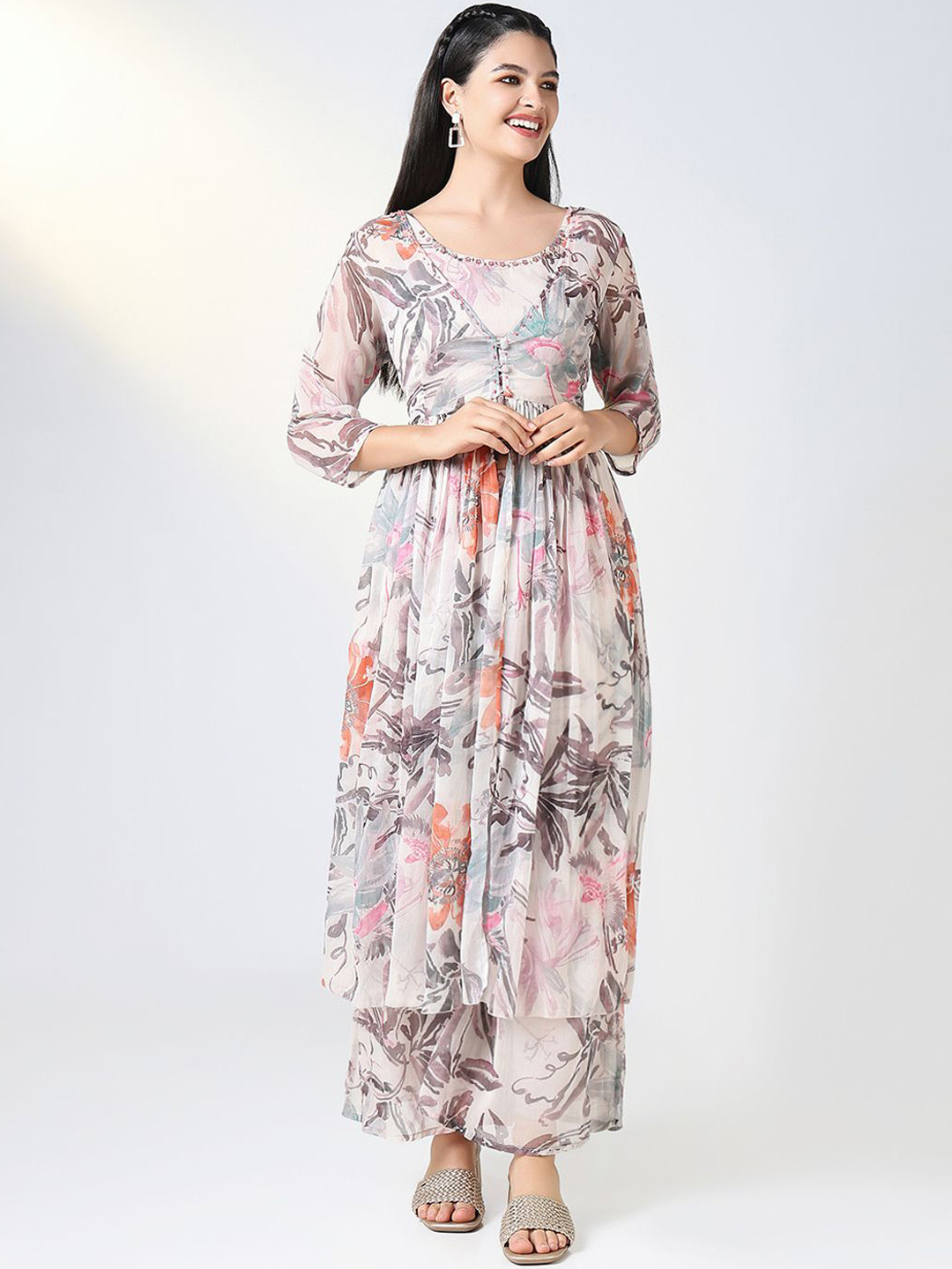 SHOWOFF Floral Printed Round Neck Beads And Stone Top And Palazzo With Shrug
