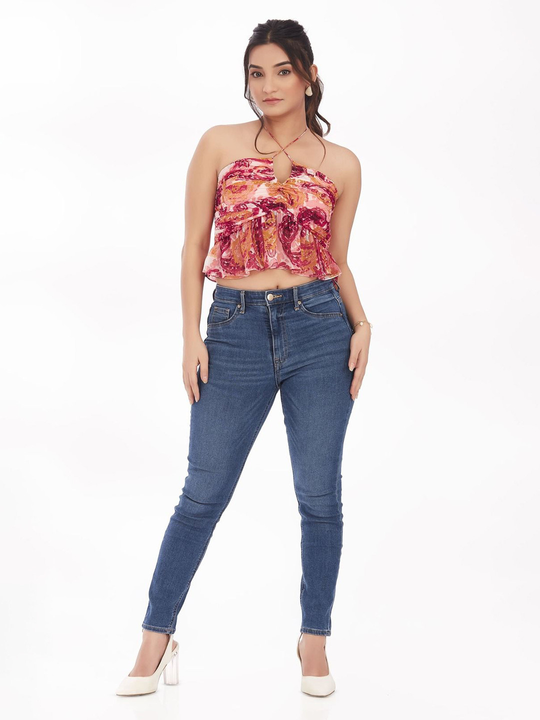 KAIN Women Floral Print Tie-Up Neck Crop Top
