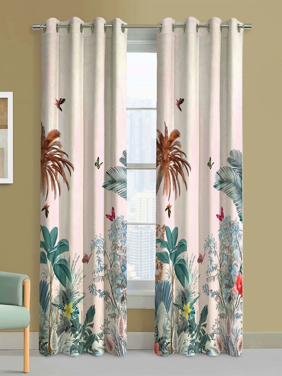 Steve & Anderson Jester White & Brown 2 Pieces Floral Printed Door Curtains (7 Feet)