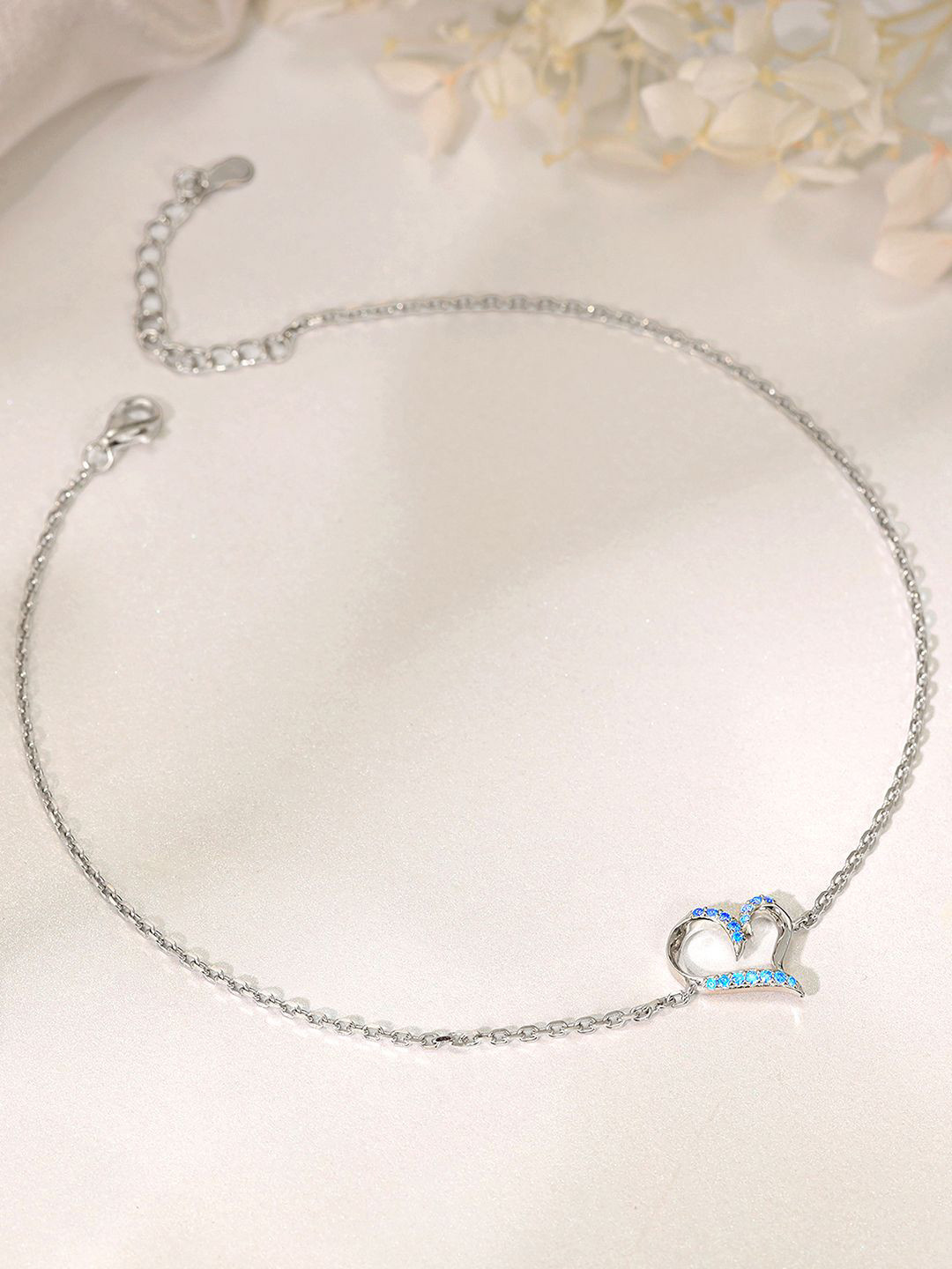 GIVA 925 Silver Rhodium-Plated Dewy Heart Shaped Anklet