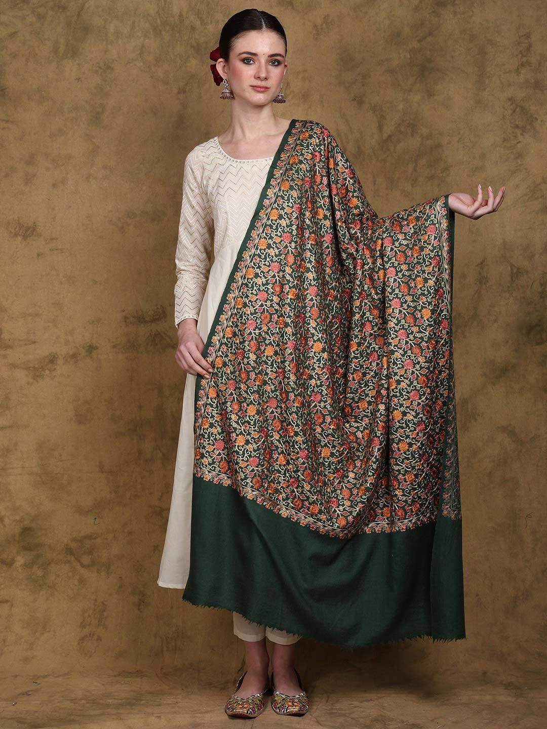 Exotic India Pure Wool Green Shawl with Chain Stitch Embroidered Floral Jaal
