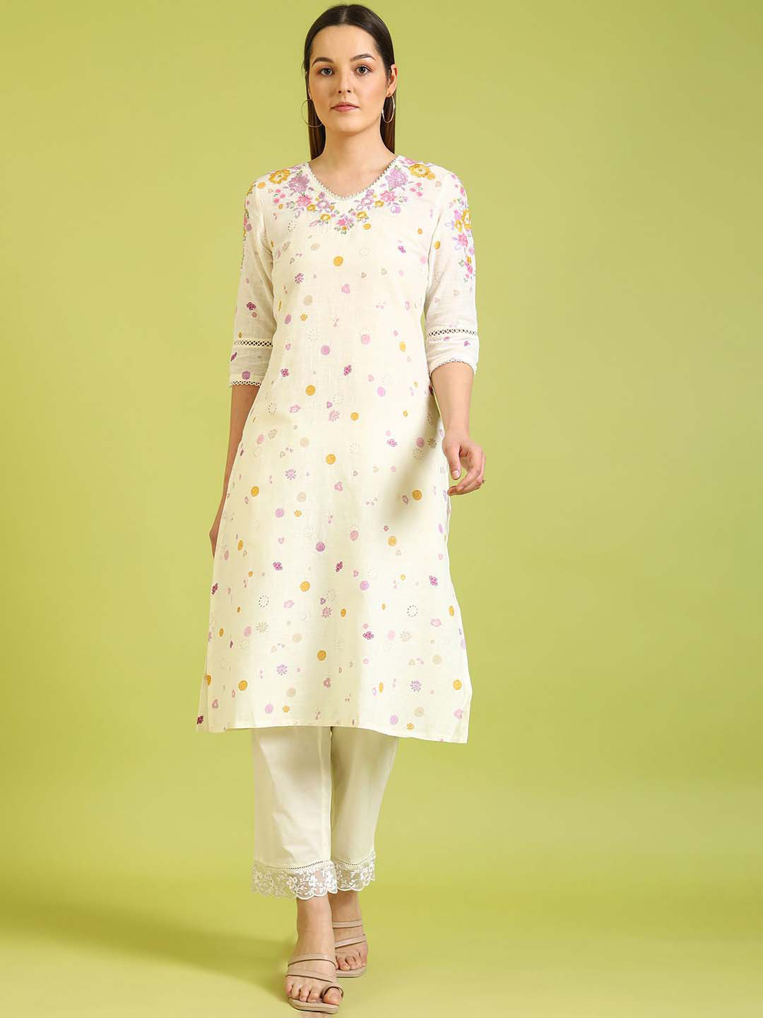 W W Floral Embroidered V-Neck Thread Work Pure Cotton Straight Kurta