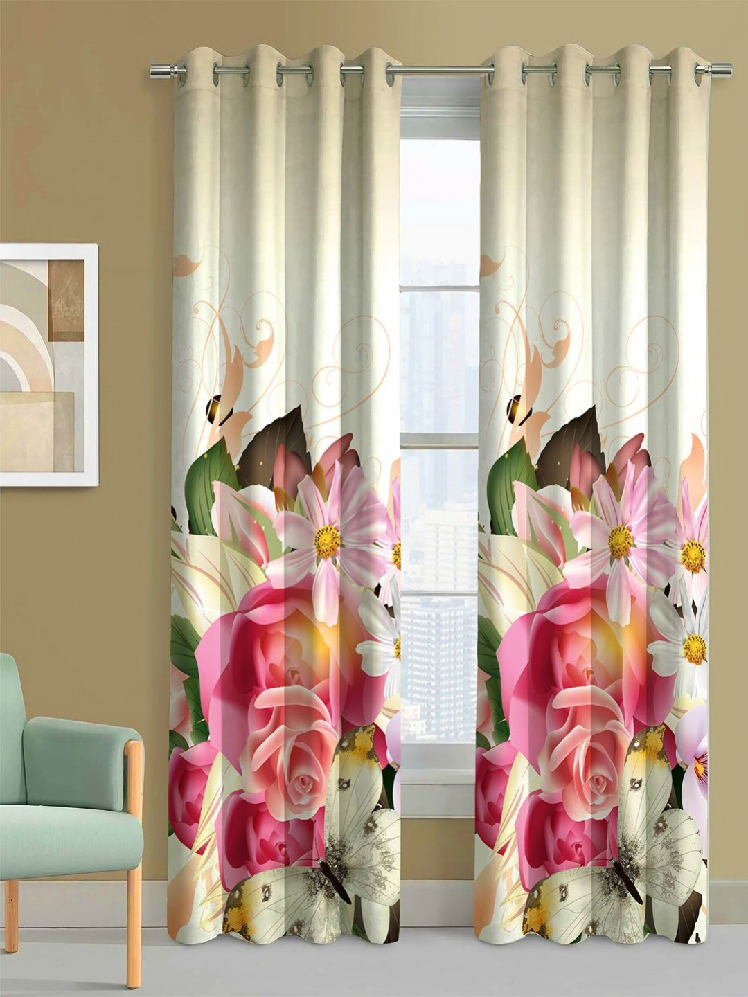Steve & Anderson Aura Olive And White 2 Pieces Floral Printed Door Curtain (7 Feet)