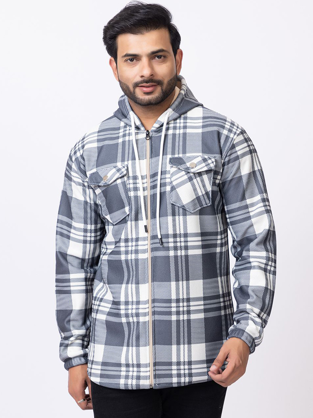 GEE 5 Men Hooded Checked Woollen Casual Bomber Jacket
