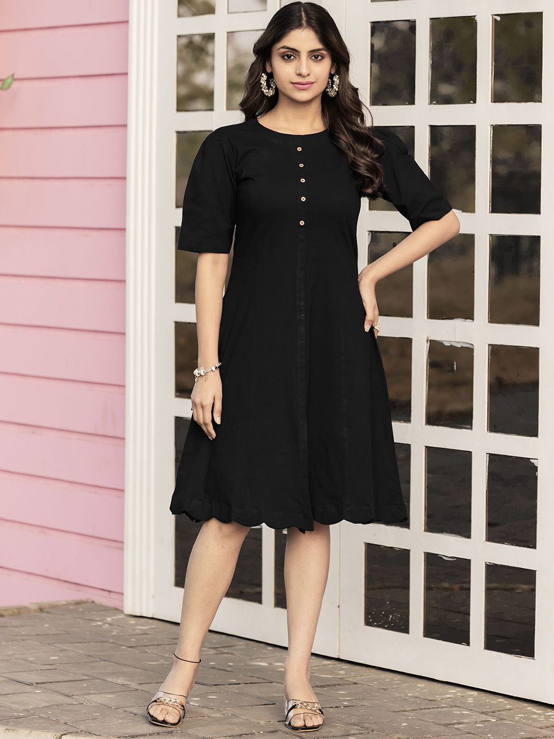 MITTOO Dyed Printed Pure Cotton Round Neck A-line Kurta