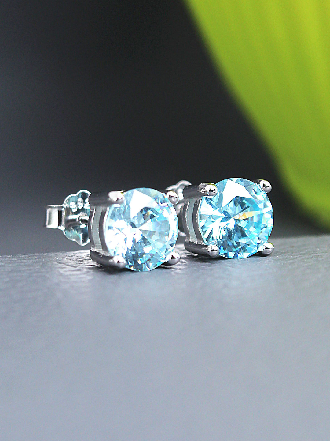 DEVASHREE 925 Silver Aquamarine CZ Rhodium-Plated Cubic Zirconia Circular Studs