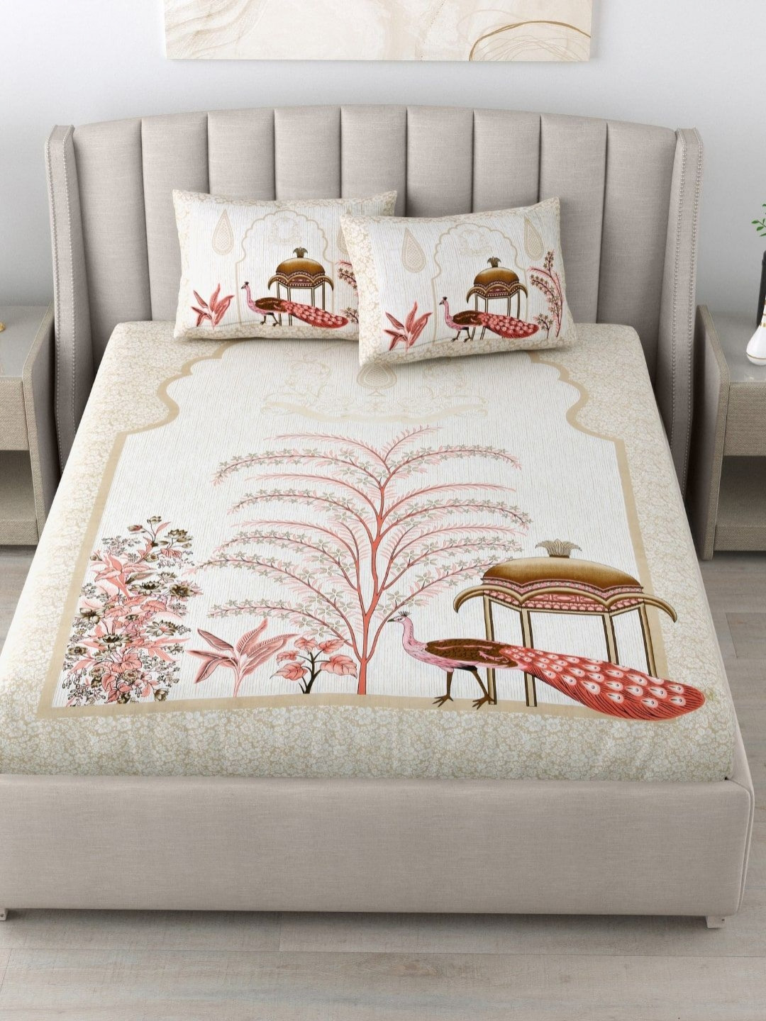 BED-SHEET.COM Peacock Off White Graphic Pure Cotton 180 TC King Fine Bedsheet with 2 Pillow Covers-108 x 90 inches