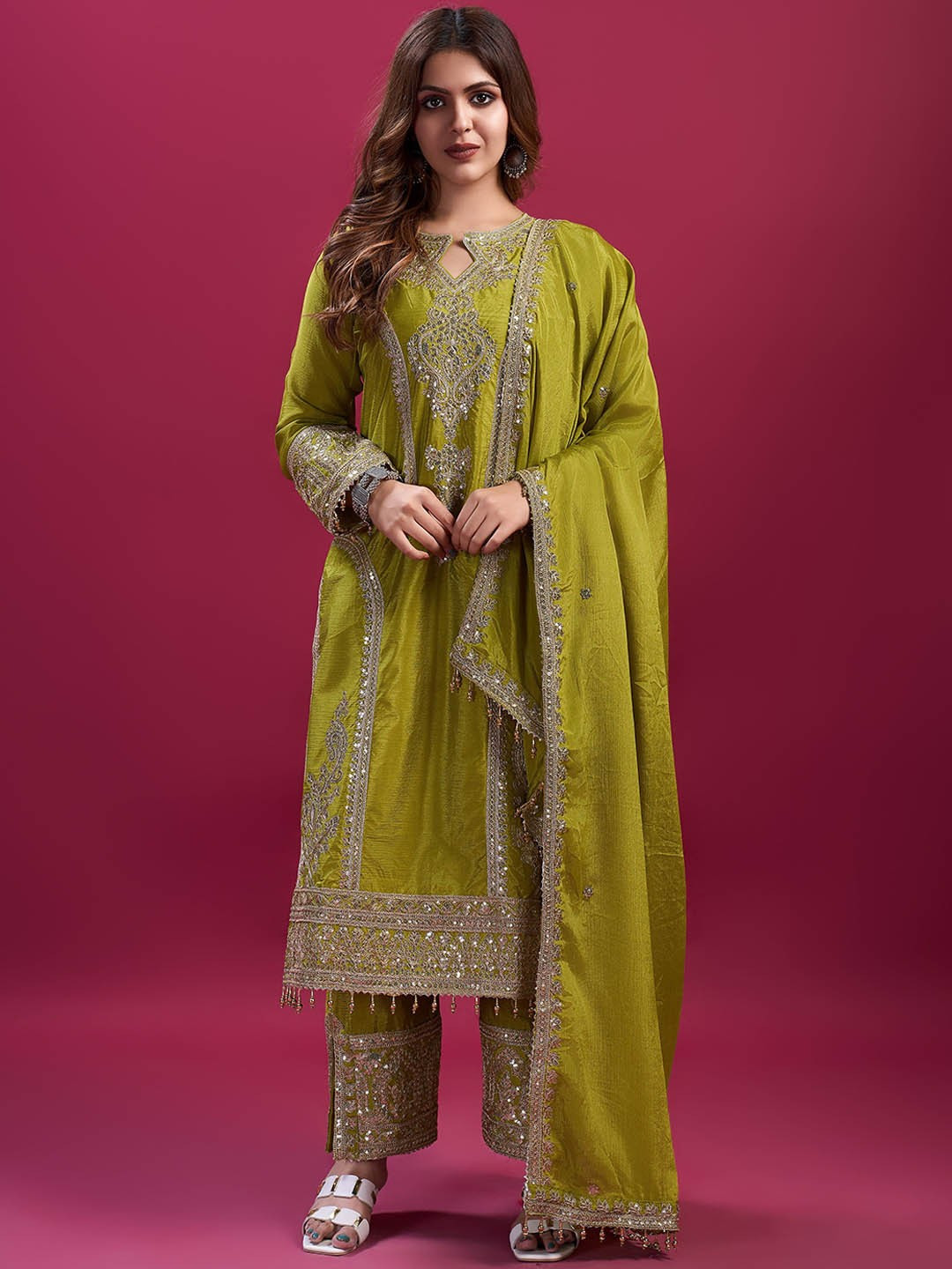 AKSHARAM Women Floral Embroidered Regular Sequinned Kurta with Trousers & With Dupatta