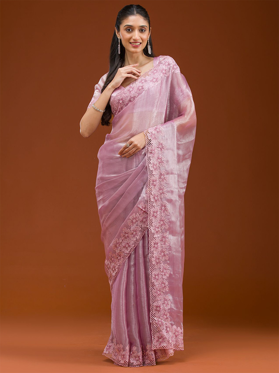 Koskii Mauve Stonework Tissue Saree