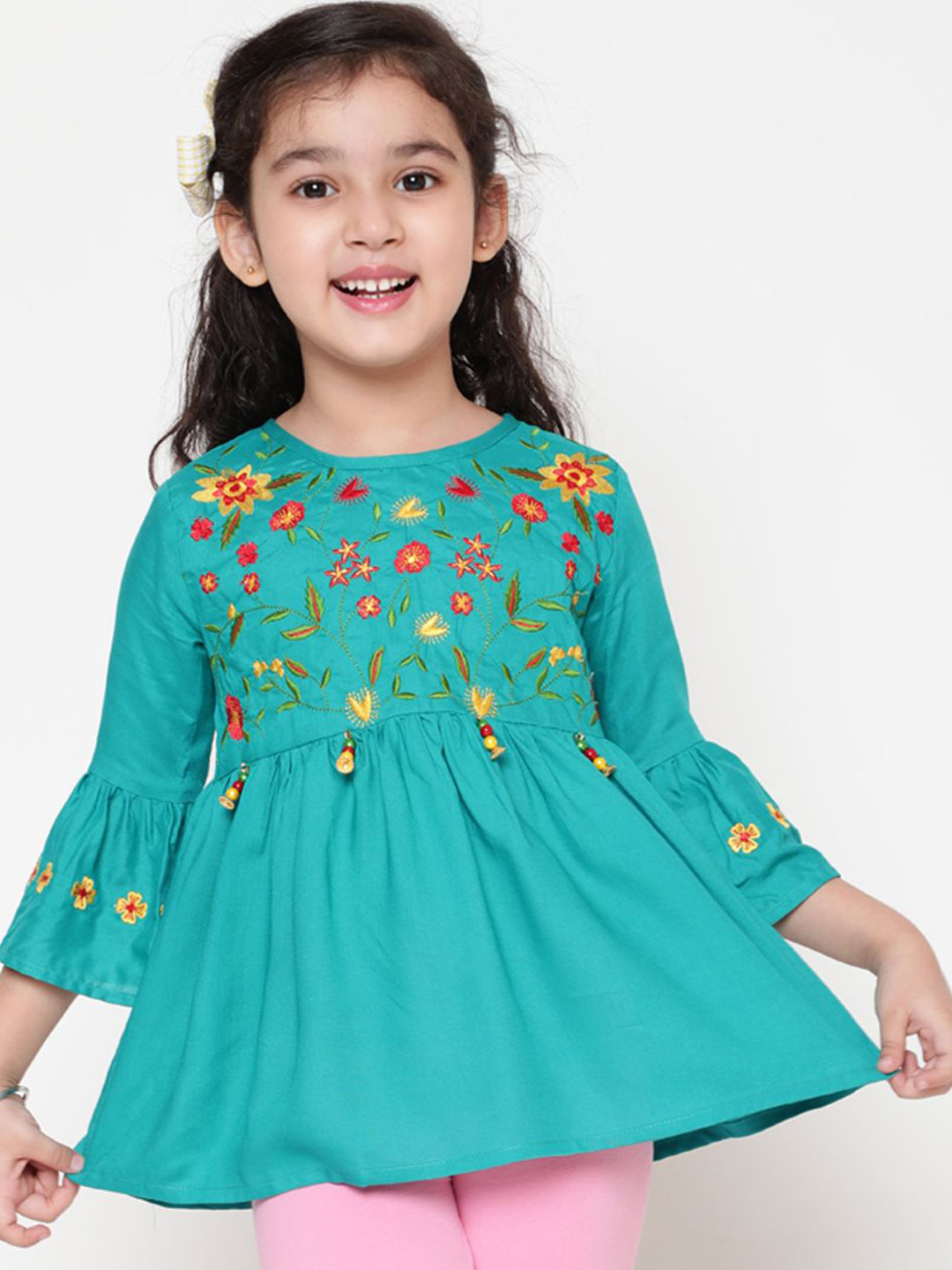 Ishti Girls Floral Embroidered Bell Sleeves Round Neck Top