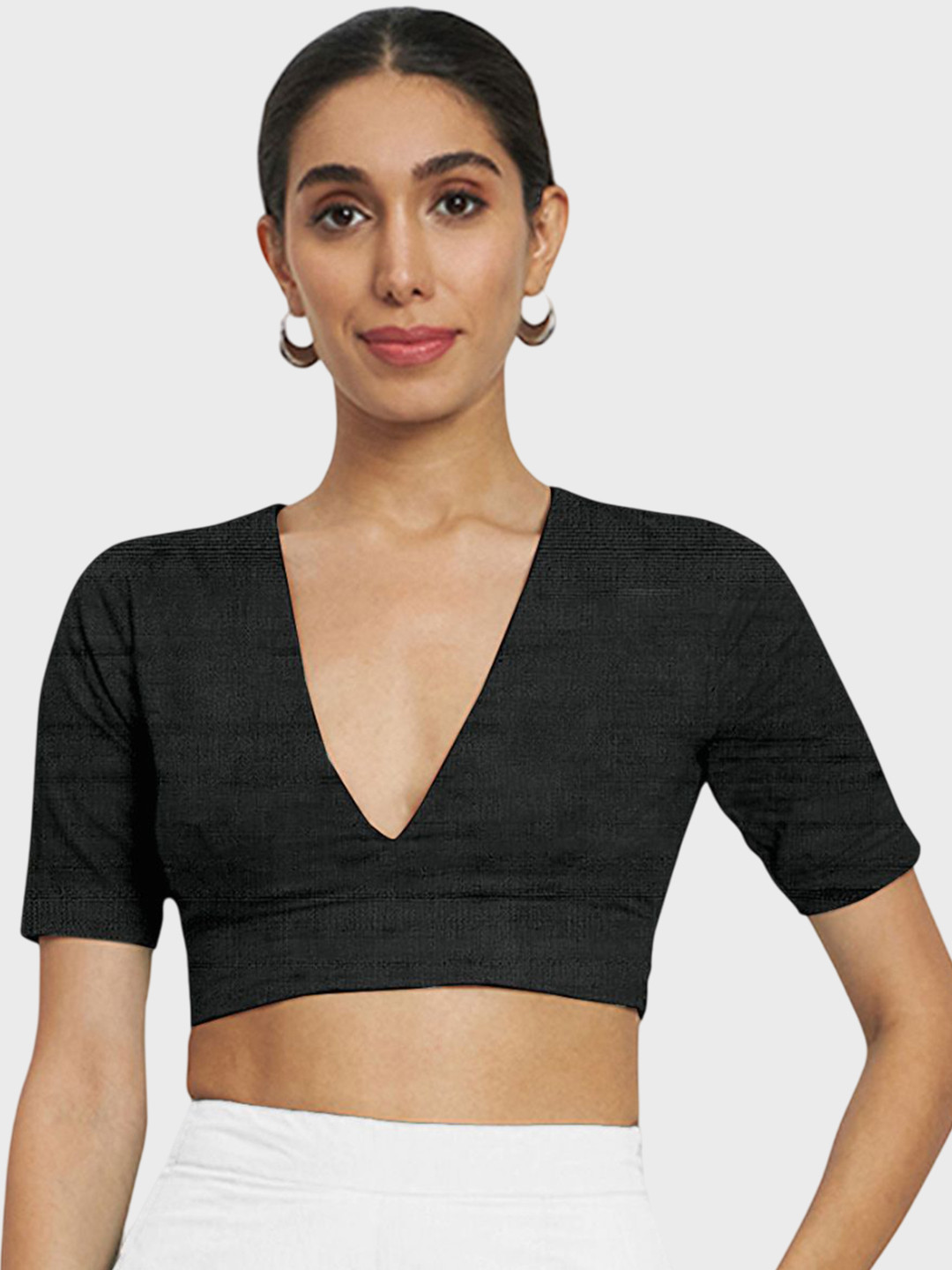 Thevasa Women Black Silk Divine Depth V Blouse for Office, Work & Everyday Wear