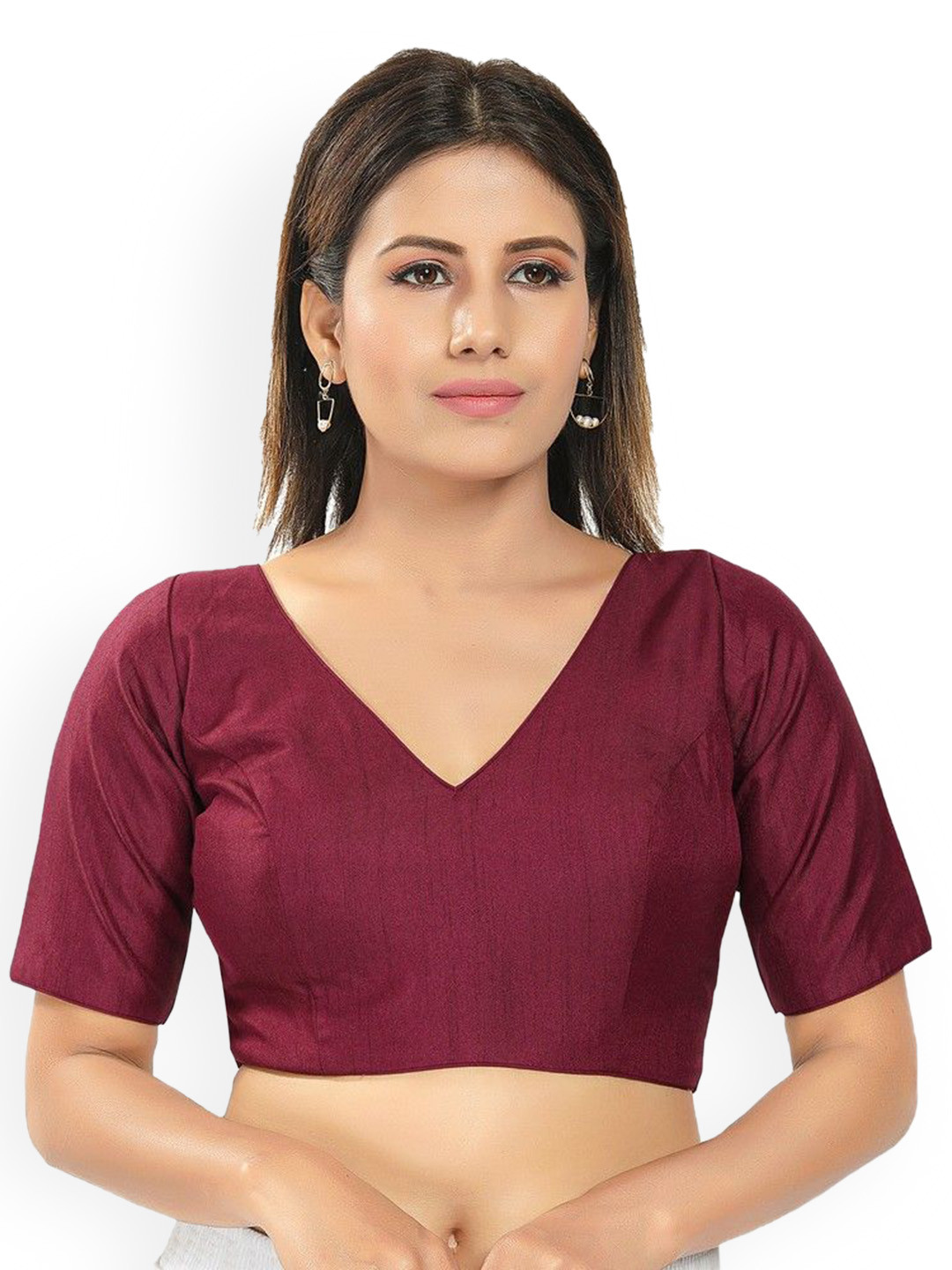 Mmore Padded V-Neck Short Sleeves Silk Saree Blouse
