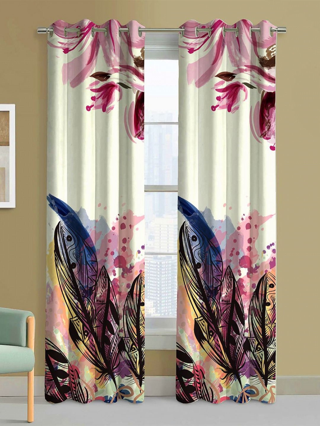 Steve & Anderson Aura Rose And Blue 2 Pieces Floral Printed Door Curtain (7 Feet)