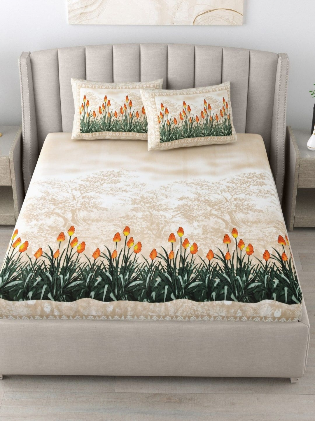 BED-SHEET.COM Beige & Green Floral Printed Cotton 180 TC King Bedsheet Set 2.28 m x 2.74 m