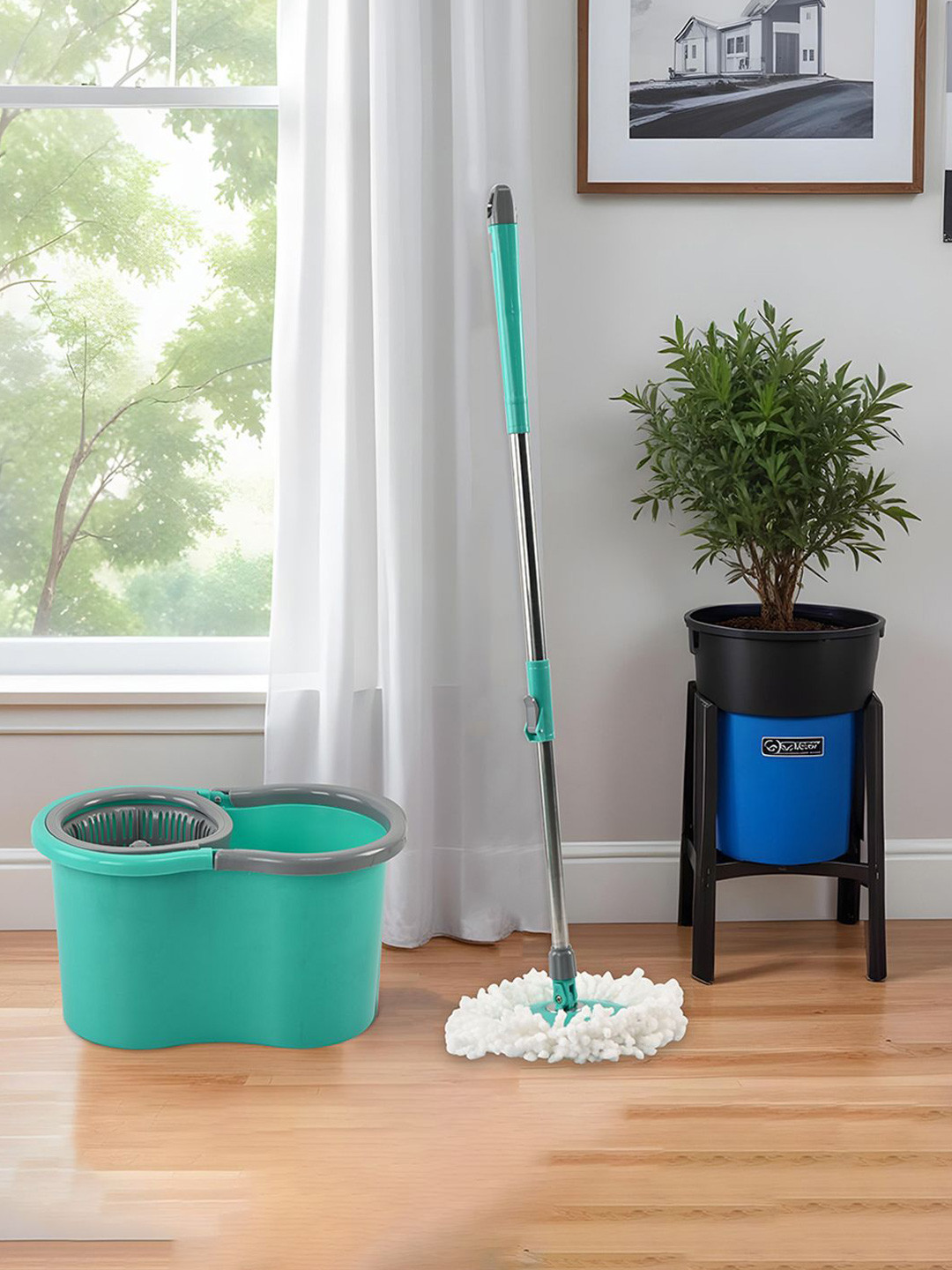 Kuber Industries Green & White Spin Mopping Bucket With 2 Refills