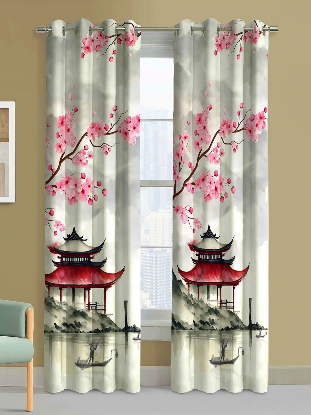 Steve & Anderson Aura Pink And Grey 2 Pieces Floral Printed Long Door Curtain (9Feet)