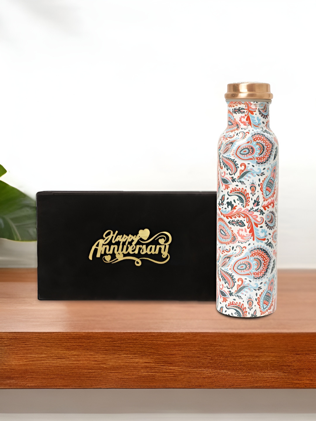INTERNATIONAL GIFT White 3Pcs Printed Pure Copper Water Bottle With Velvet Box & Bag 950ml