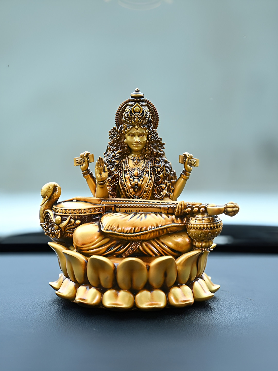 Artarium LLP Lotus Saraswati Brown Resin Natural Prayer Room Small Showpiece - 3.9 Inches