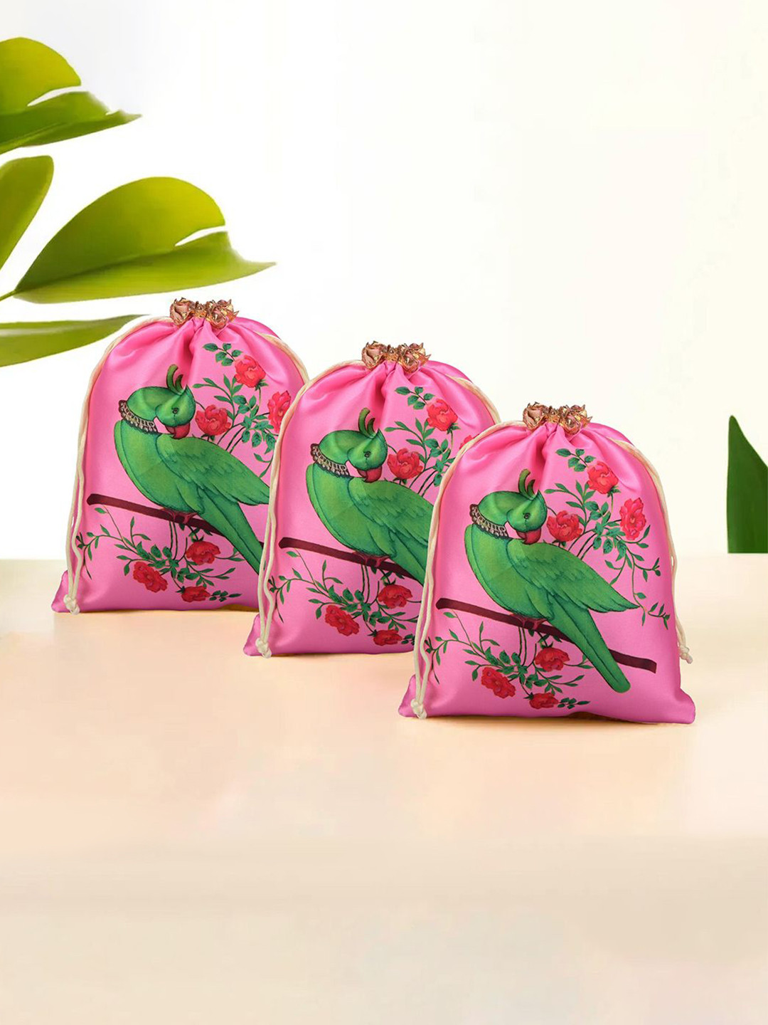 Kuber Industries Pink & Green 3 Pieces Parrot Printed Satin Potli Clutchs