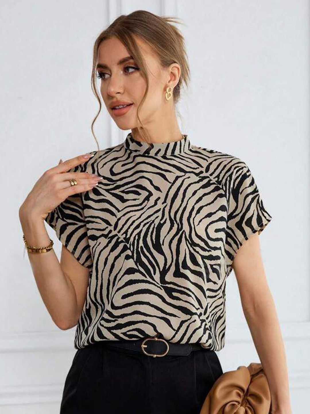 KASHIAN Animal Print Choker Neck Short Sleeves Top