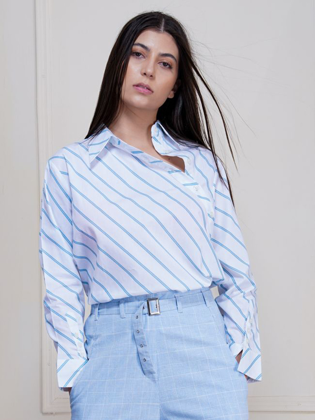 KLAS NOBL Women Spread Collar Vertical Striped Cotton Casual Shirt