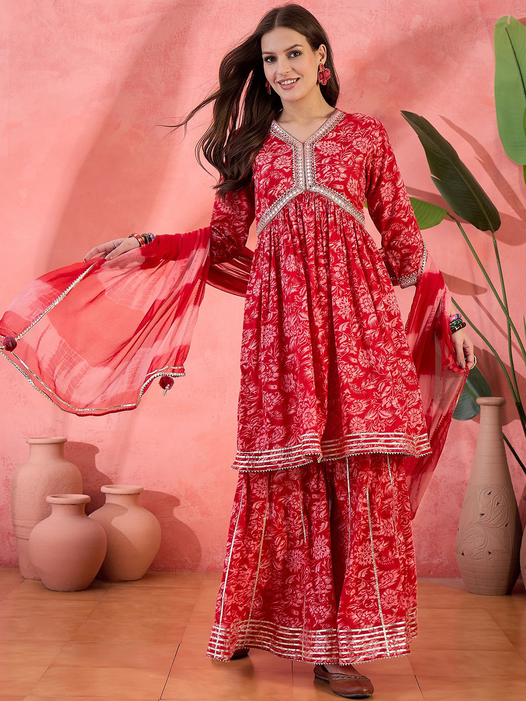 Sangria Red Floral Printed V-Neck Pure Cotton Anarkali Kurta with Sharara And Dupatta