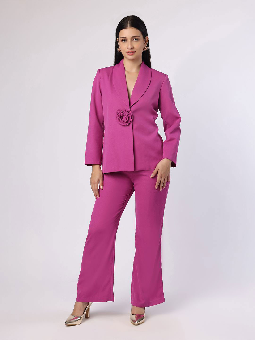 BLANC9 Women Purplish Pink Blazer Set With Flower Brooch