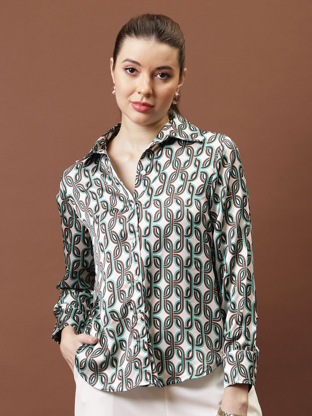 Athena Immutable Women Relaxed Fit Spread Collar Geometric Printed Satin Casual Shirt