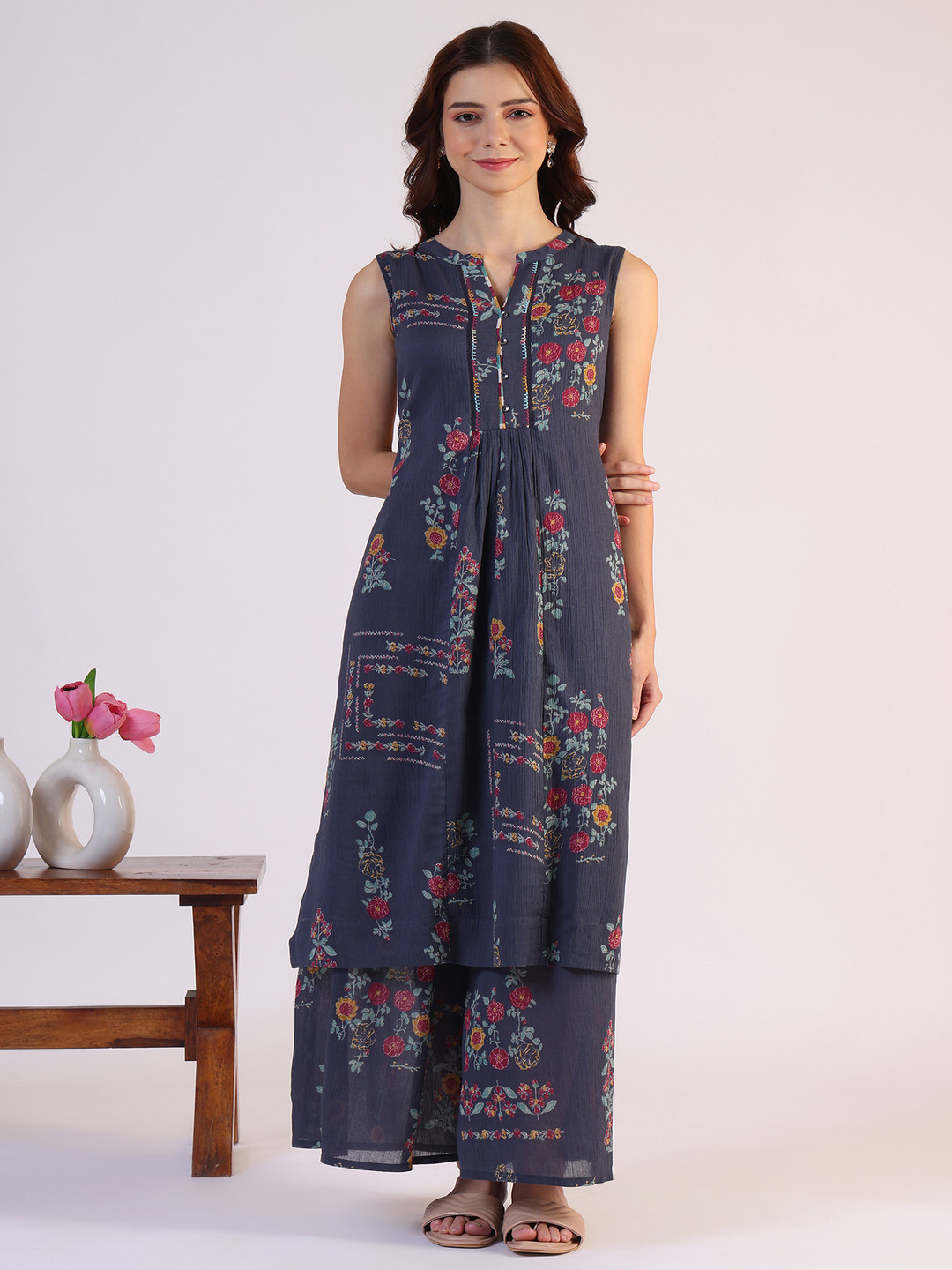 W Grey Floral Printed Pure Cotton Sleeveless Mandarine Collar A-line Kurta With Palazzos