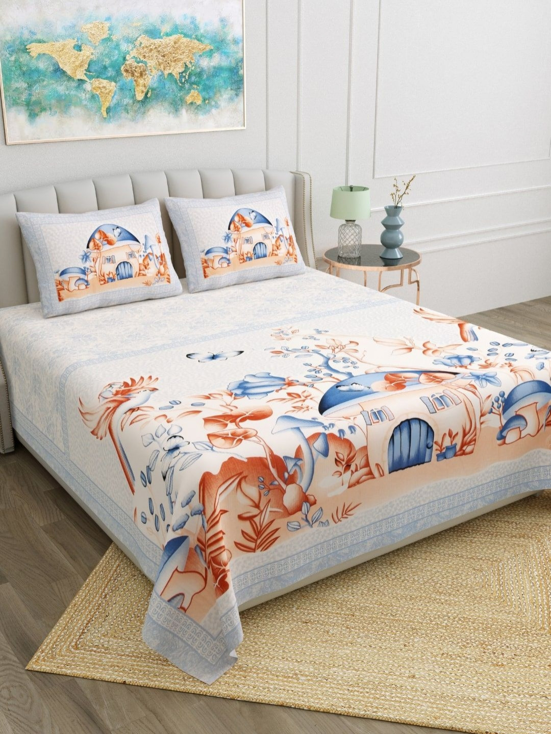 BED-SHEET.COM White Abstract Printed 180 TC Pure Cotton King Bedsheet Set 2.7 m x 2.2 m