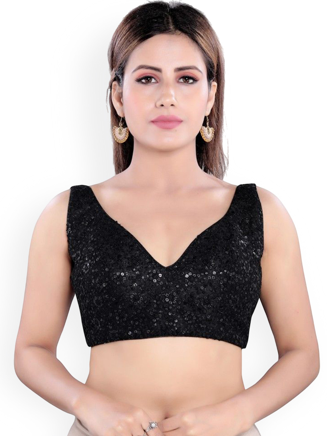 Mmore Embellished Padded Sleeveless Net Saree Blouse