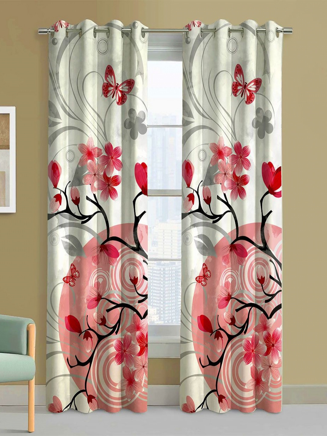 Steve & Anderson Aura Red & White 2 Pieces Floral Printed Velour Door Curtains (7 Feet)