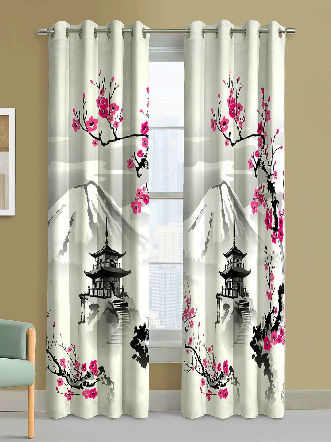 Steve & Anderson Aura Black And White 2 Pieces Floral Printed Long Door Curtain (9Feet)