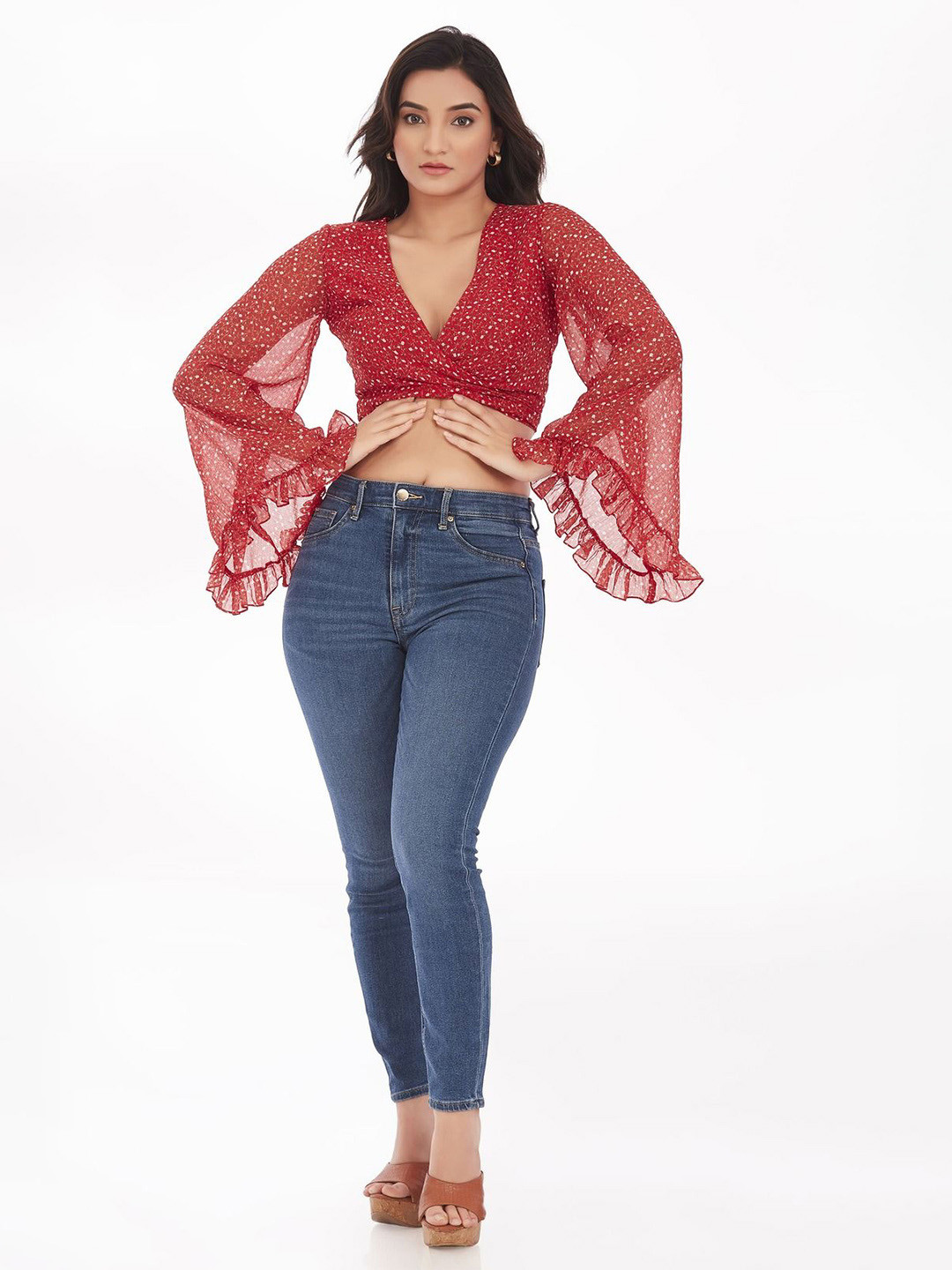 KAIN Women Printed Bell Sleeve Chiffon Crop Top