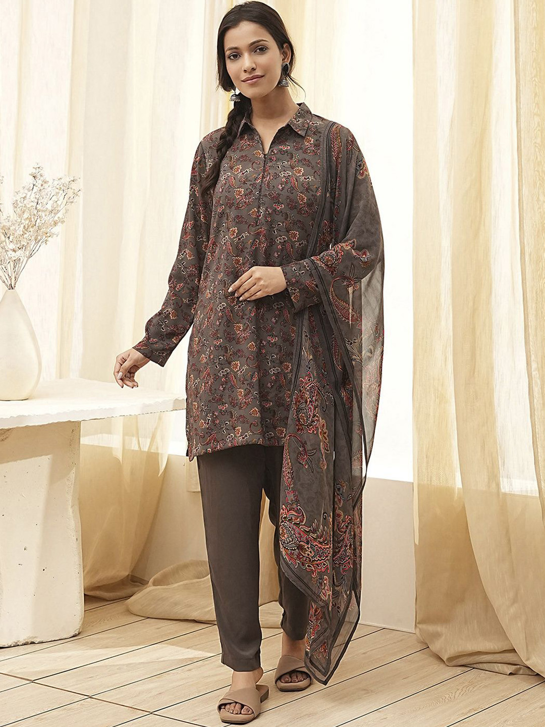 Biba Floral Printed Shirt Collar Kurta With Trouser And Dupatta