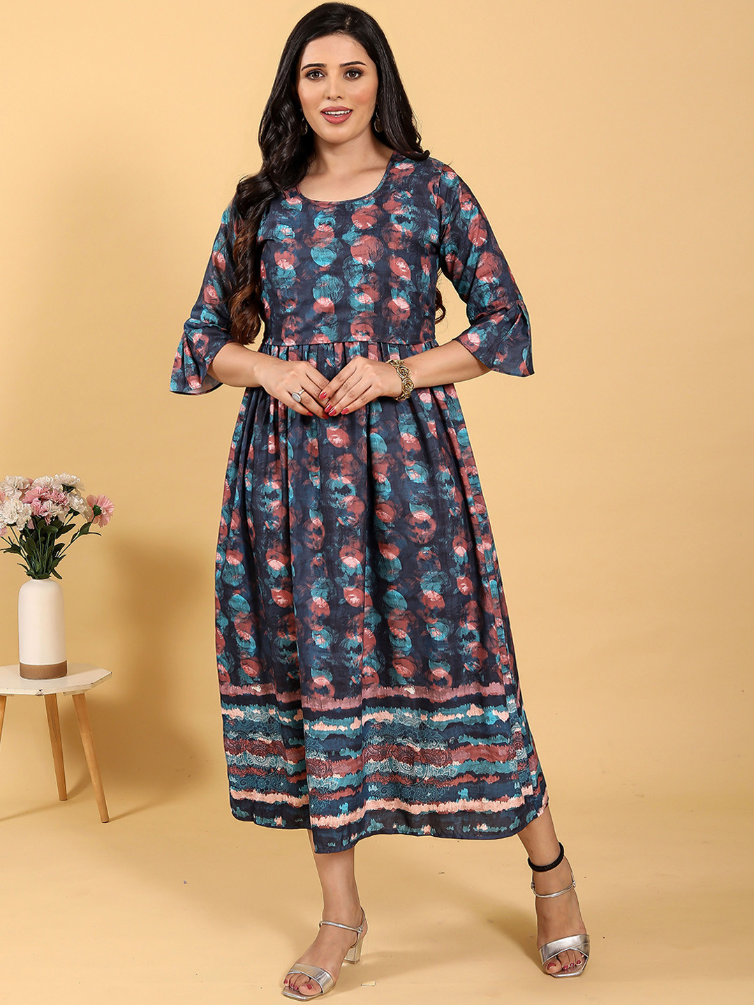 RITIJYA Floral Printed Round Neck Zipless Maternity Ethnic Dresses
