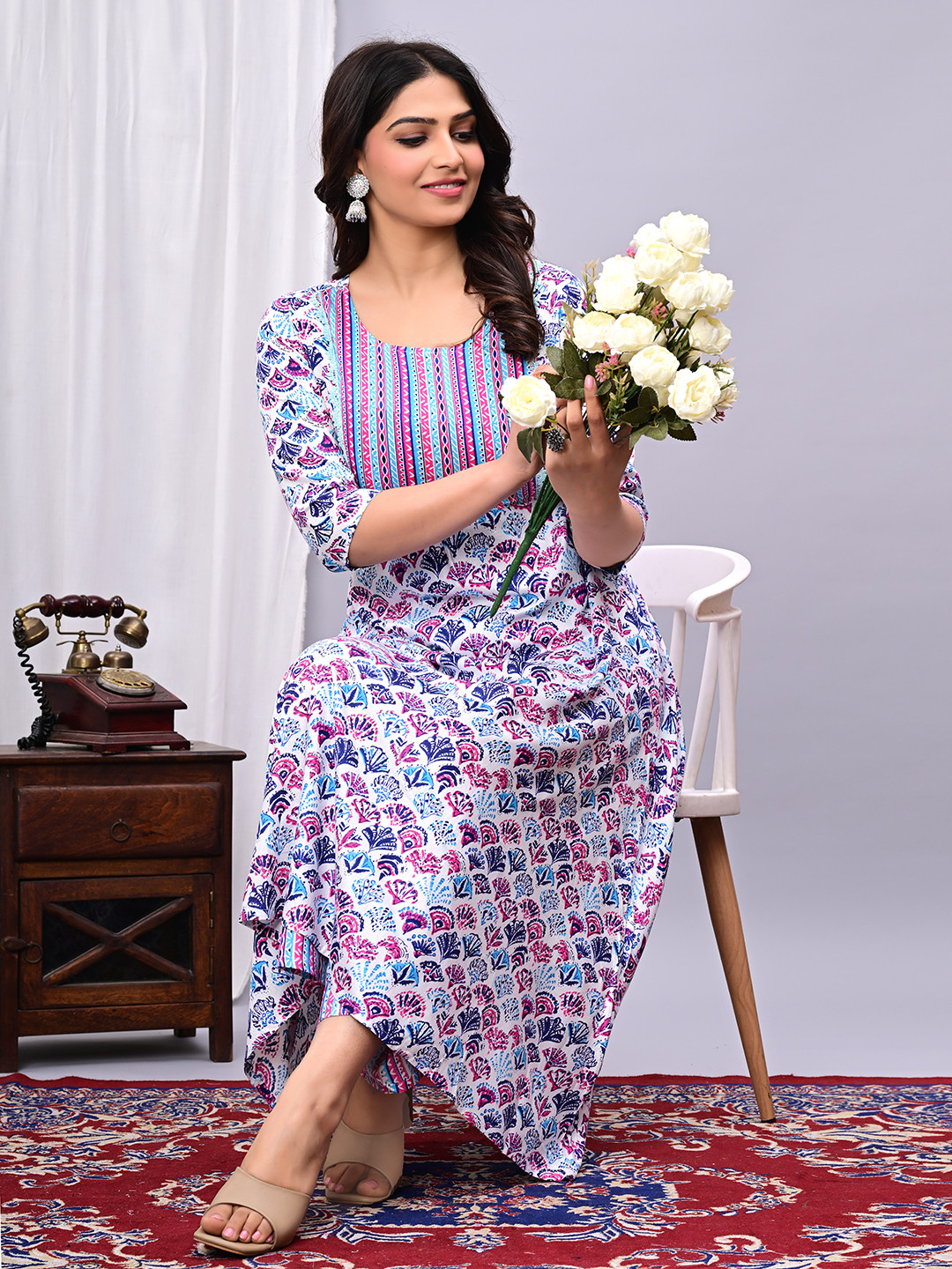 NEKU FASHOIN Floral Printed Round Neck A-Line Kurta With Palazzos