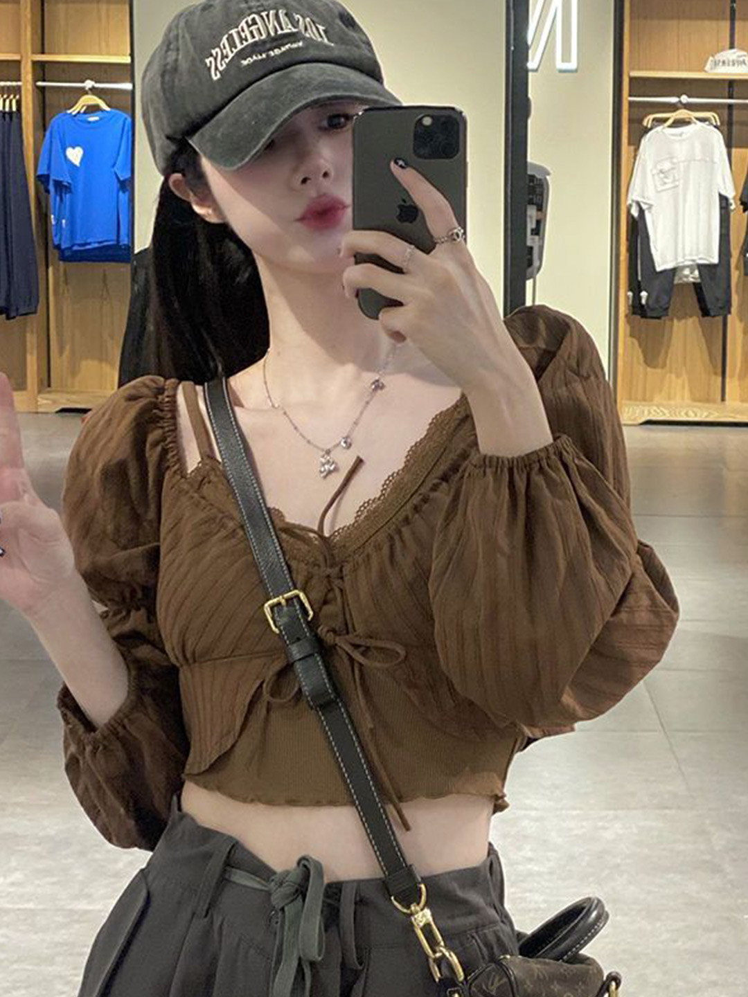 Miss Merylin V Neck Puff Sleeves Crop Top