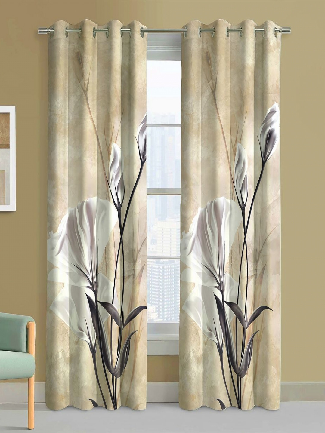 Steve & Anderson Ozzon Beige & White 2 Pieces Floral Black Out Long Door Curtain (9Feet)