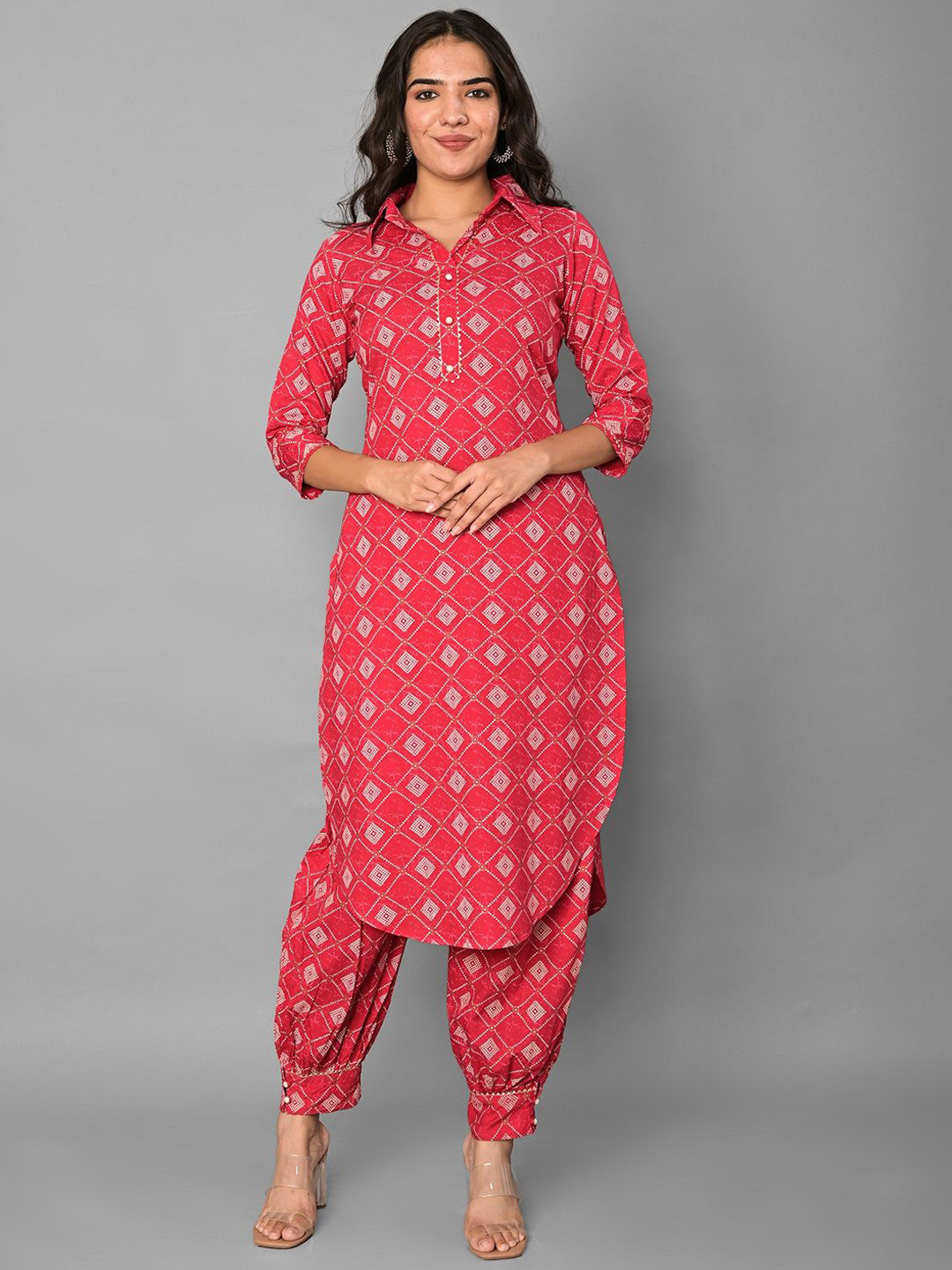 Clothy N Wave Geometric Printed Shirt Collar Straight Kurta With Pyjamas