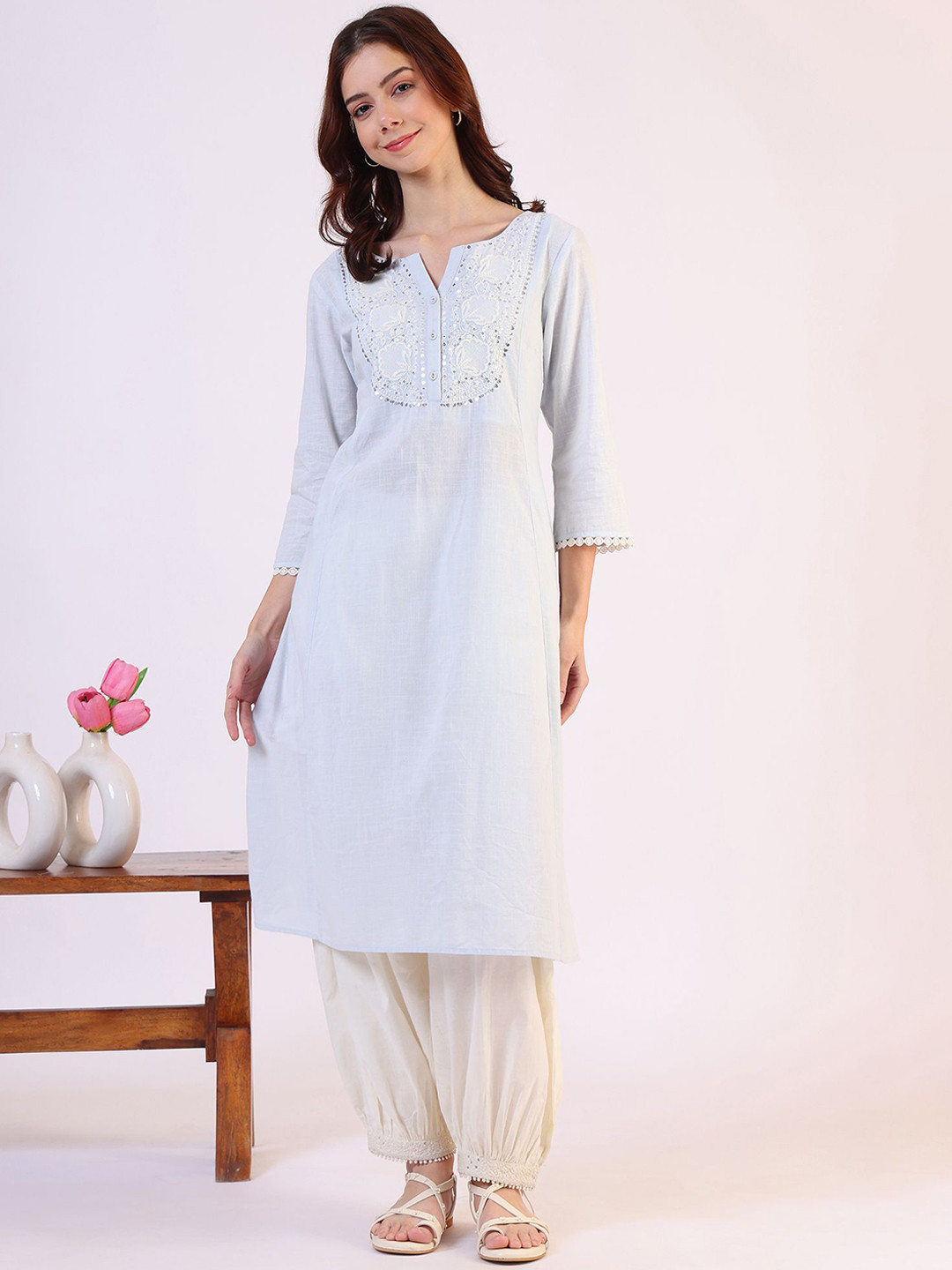 W Floral Embroidered Notch neck Sequinned Pure Cotton Straight Kurta