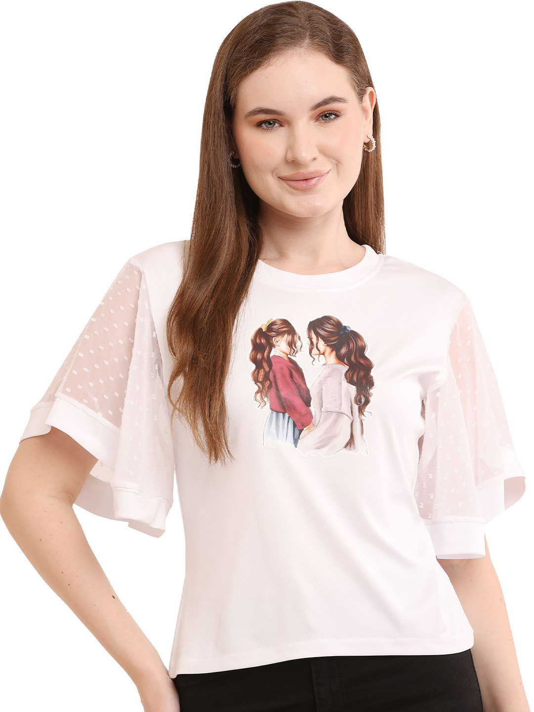 Sash  women Print Flared Sleeves  Short Sleeves  Round Neck Top