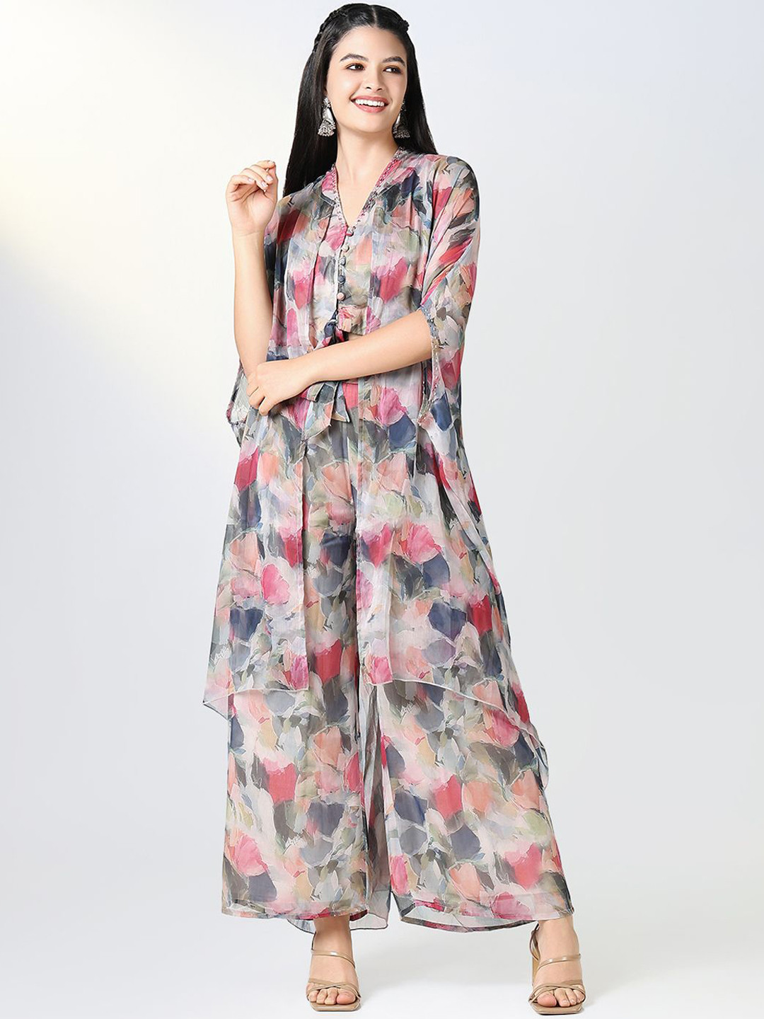 SHOWOFF Floral Printed Round Neck Beads And Stone Top And Palazzo With Shrug