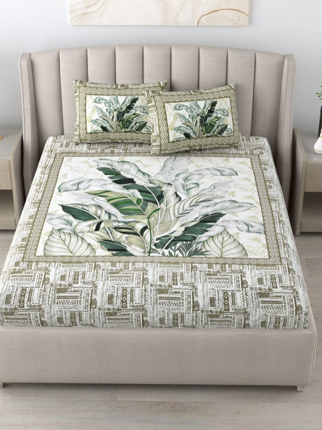 BED-SHEET.COM Green Leaf Cotton 180 TC King Superfine Bedsheet with 2 Pillow Covers-108 x 90 inches