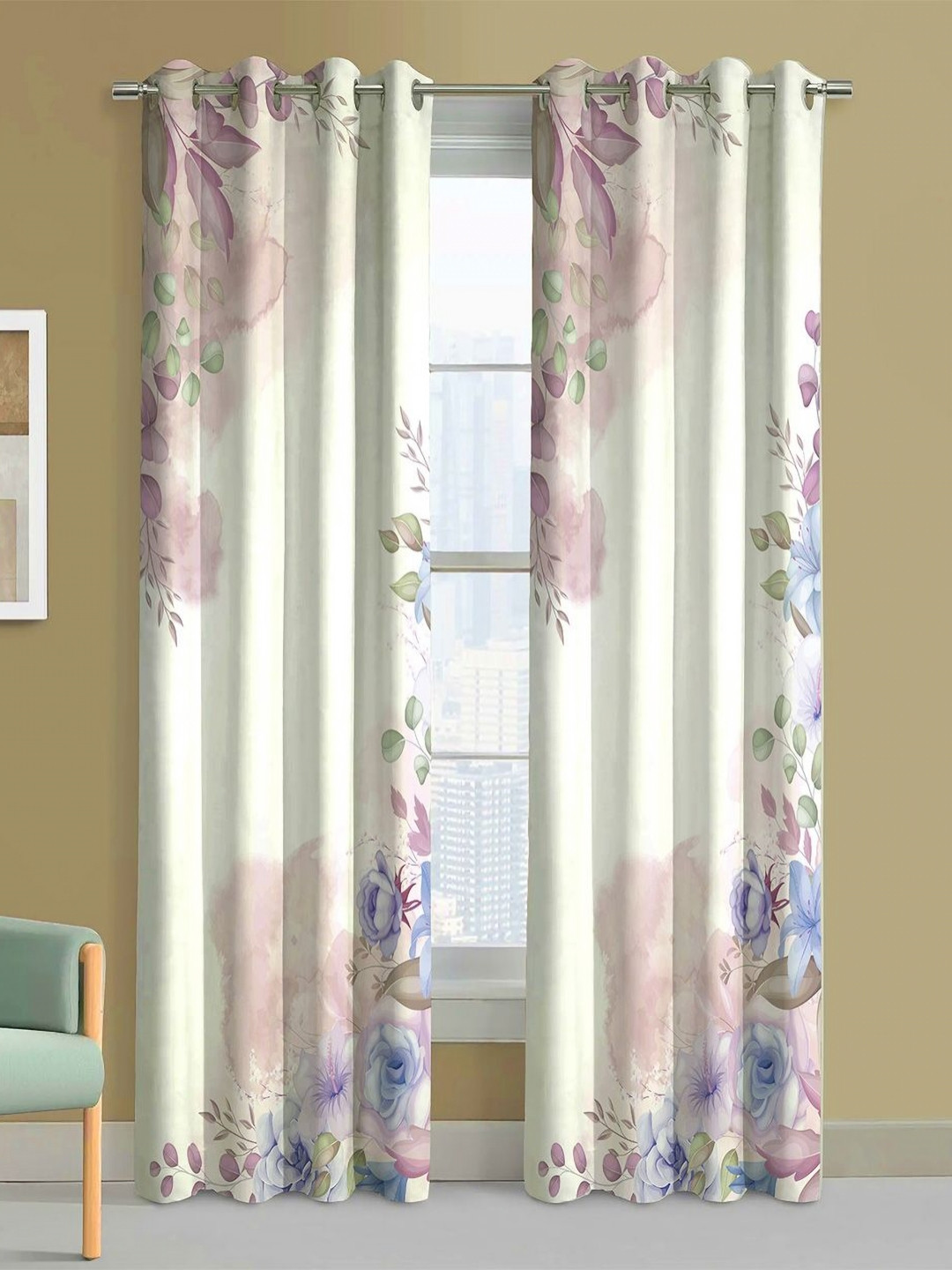 Steve & Anderson Ozzon Purple And White 2 Pieces Floral Printed Door Curtains (7 Feet)
