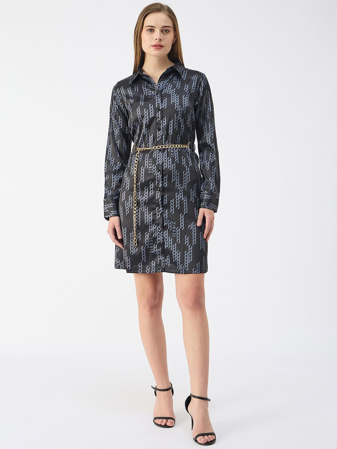 Iconic Print Shirt collar  Above knee length Dress