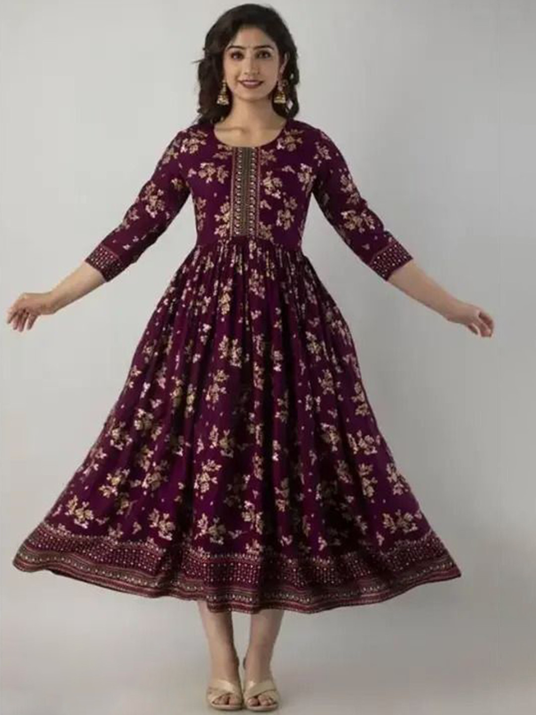 clothonus Maternity Floral Printed Gotta Patti Work Pleated  Anarkali Ethnic Dress