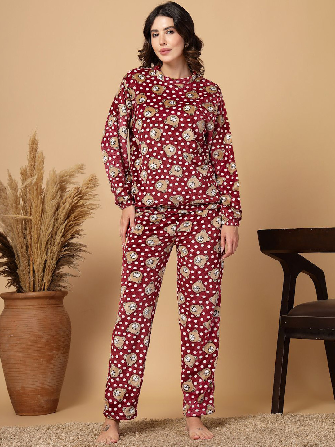 FABINALIV Maroon Cartoon Print Woollen Round Neck Winter Night Suit